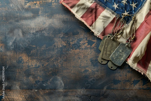 A patriotic flat lay featuring the American flag, military dog tags, and 'VETERANS DAY' text, paying tribute to the brave veterans. Illustration.