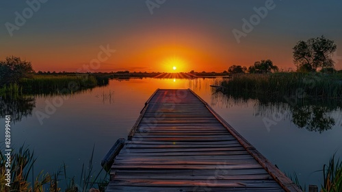 A peaceful evening with the sun setting over a wooden boardwalk in Ciudad Real, the sky painted in shades of orange and pink, reflecting gently on a still lake.