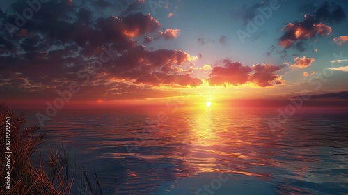 A peaceful sunset at a secluded northern European lake, where the sun dips below the horizon, casting a fiery glow across the sky and water, highlighting the natural beauty of the untouched landscape.