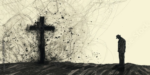 Silhouette of a man next to a cross, hope in faith during a depression, black charcoal drawing