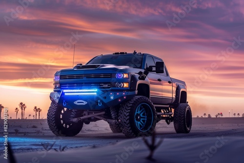 A highly tuned pickup truck in stunning light.