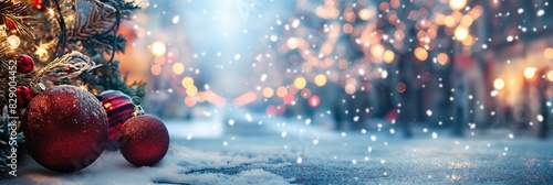 An enchanting scene with closeup of Christmas baubles, golden lights, and snow on a festive background