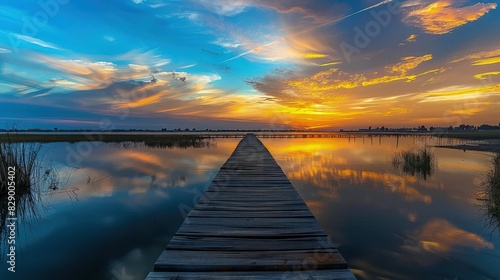 A serene sunset casting golden hues over a tranquil wooden boardwalk in Ciudad Real, Spain, with calm waters reflecting the vibrant sky.