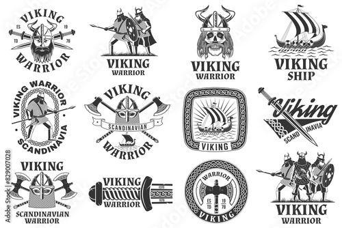 Set of viking warrior logos, badges, stickers. Vector illustration. For emblems, labels and patch. Monochrome style viking in helmet with crossed battle sword, axe, spear and round shield