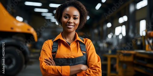 A skilled black female mechanic proudly showcases her expertise in a modern garage. Concept Skilled Mechanic, Black Female, Expertise, Modern Garage, Showcase