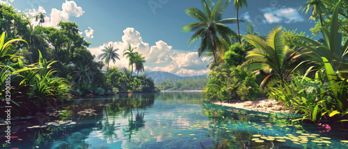 Tropical landscape with wild beach, sky and palm trees, panoramic view of paradise in jungle. Concept of travel, vacation, idyll, sea water and nature.