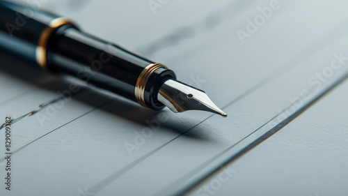 Close-up of a luxury fountain pen on a lined paper.
