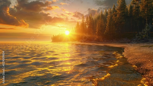 A tranquil sunset at the coast of a northern European lake, with the setting sun casting a golden glow over the water and the surrounding pine forests.