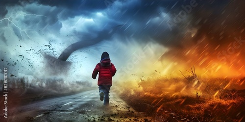 Terrified child escapes tornado in rural area during storm by running along road. Concept Natural Disasters, Survival Stories, Tornadoes, Rescue, Bravery