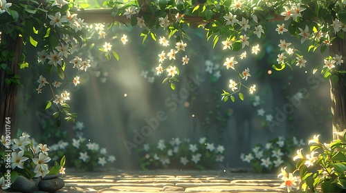  Jasmine vines cascading over a rustic wooden trellis, perfuming the air with their sweet scent