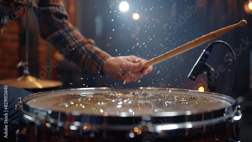 Close-up of a hand hitting a drum with water splashing