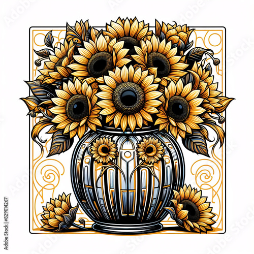 Art Deco Sunflowers in na impressive jar, beautiful decoration, ai generative illustration