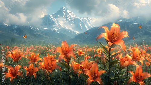 Tiger Lily flowers swaying gracefully in a lush meadow, their vibrant colors attracting bees and butterflies, adding life and vitality to the natural landscape