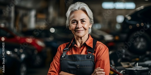 Elderly Female Engineer Leads Auto Repair Shop with Specialization in Motor Assembly Services. Concept Automotive Engineering, Elderly Entrepreneurship, Female Leadership, Motor Assembly Services