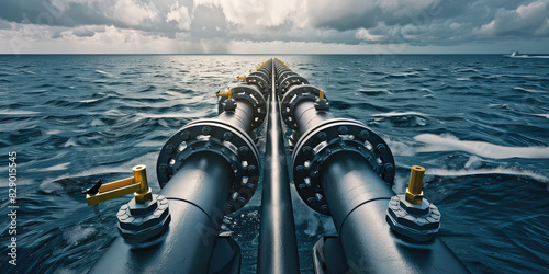 Closeup gas pipelines valves on the sea waters, gas or oil transportation.