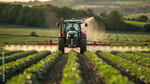 Modern Tractor Spraying Rural Farmland --style raw