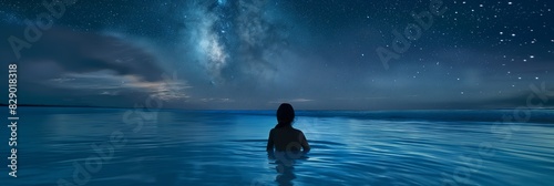 Tranquil image of a person in the water looking at a breathtaking Milky Way stretched above in a night sky