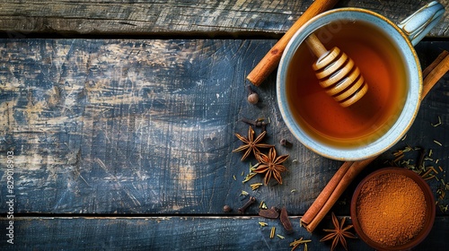 Tea in a cup of cinnamon and honey on a wooden background.
