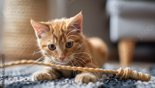 Cute ginger cat playing sisal toy at home