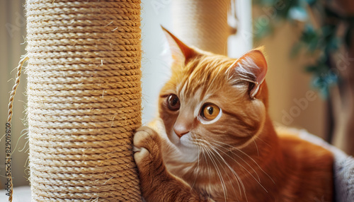 Cute ginger cat playing sisal toy at home