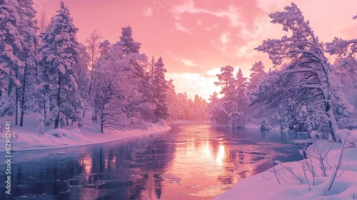 Winter Christmas Landscape In Pink Tones With Calm Winter River
