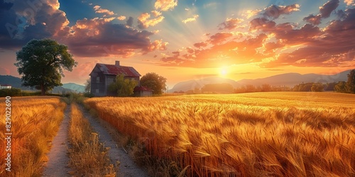 A golden wheat field at sunrise, with a quaint cottage in the background, epitomizes rural summer growth.