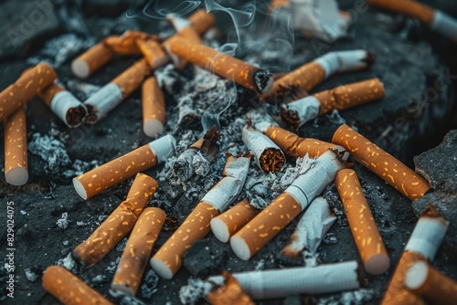 Cigarettes sitting on a pile of ash, suitable for anti-smoking campaigns