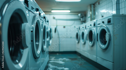 White washing machines fill the scene with cinematic perspective