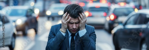 A businessman is seemingly overwhelmed by frustration while caught in a traffic jam