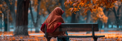 A single figure draped in a red shawl sits contemplatively on a park bench in an autumnal scene
