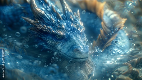 Nest of blue water dragon underwater with big aqua dragon defending his house. 