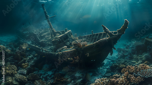 A shipwreck is seen in the ocean with a bright sun shining on it