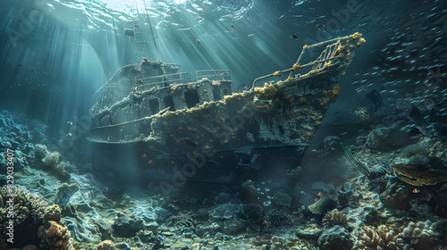 A shipwreck is seen in the ocean with a bright sun shining on it