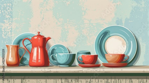 Painting of various plates, cups, and pitchers neatly arranged on a shelf in a vintage kitchen setting. Generative AI