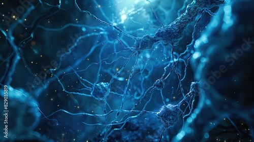 Blue synapse and neuron on a blue background