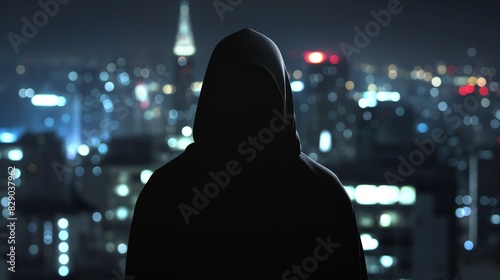 back view of hacker in sport suit standing on roof top above night megapolis city, anonymous faceless man in a hood