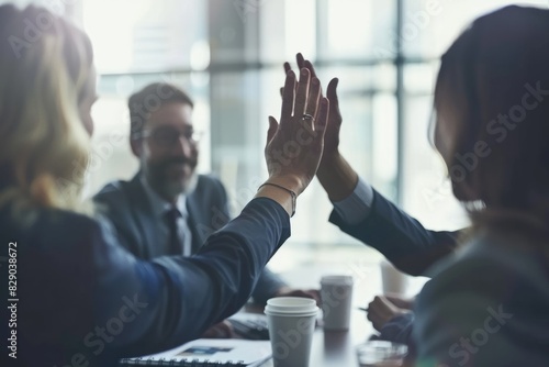 Business professionals high five in boardroom meeting.