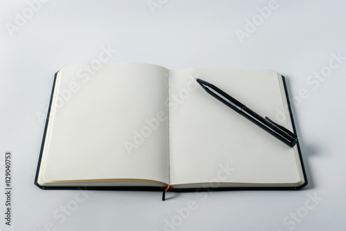 Open Unwritten Notebook with Black Pen on a Minimalist White Background - Ideal Template for Creative and Professional Use in Clean and Simple Design Concepts