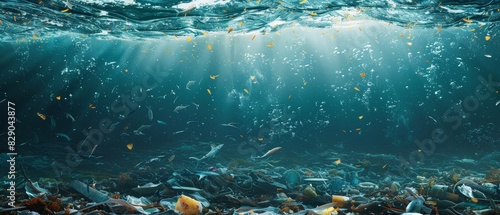 Polluted ocean surface with floating debris and waste 