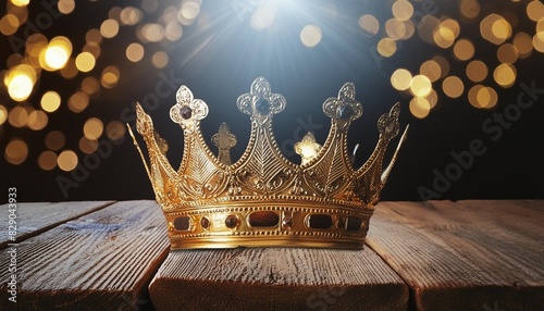 golden queen crown over mysterious dark background mythical or fantasy world concept