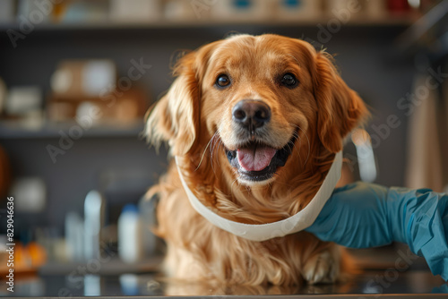 A vet fitting a dog with a protective cone to prevent it from licking a wound. Concept of post-surgical care and wound protection. Generative Ai.