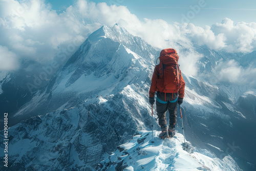 A solitary hiker reaching the peak of a mountain. Concept of achievement and perseverance. Generative Ai.