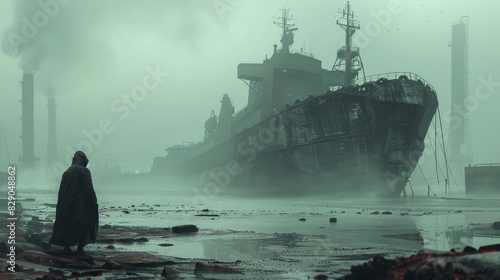 Person in solitude contemplates the grounded ship 