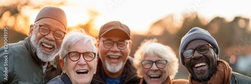 A group of joyful senior friends laugh heartily together in an outdoor setting, exemplifying friendship