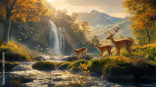 deer in the beautiful waterfall at sunrise with birds and butterflies flying in the morning bright light