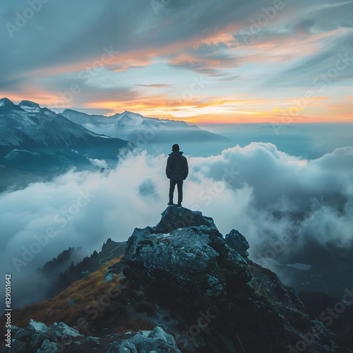 A man on a rock under the clouds, a reacher on top of the world. Illustrations created using artificial intelligence. Illustrations and Clip Art AI generated.