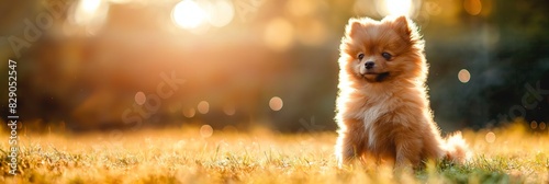 Adorable Pomeranian puppy sitting on a grassy field with the warm glow of sunset highlighting its fluffy fur