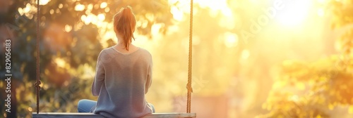 Tranquil scene of a woman sitting alone on a swing during a beautiful sunset, evoking reflection and serenity