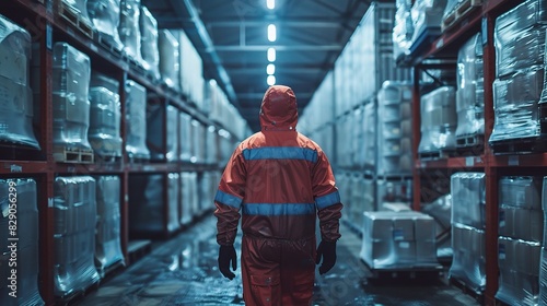 industrial worker in a freezer suit loading frozen goods onto pallets in a refrigerated warehouse
