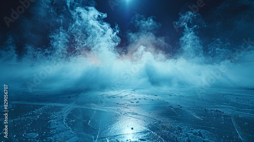 Abstract frozen hockey ice rink with smoke, Dark street wet asphalt reflections of rays in the water Abstract dark blue background smoke